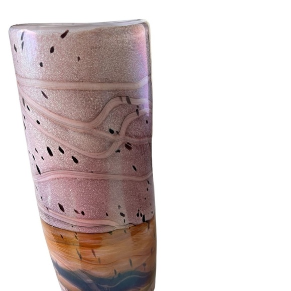 Gozo Swirled art glass Flattened Cylinder Vase sand pink tan white made in Malta - Picture 2 of 4